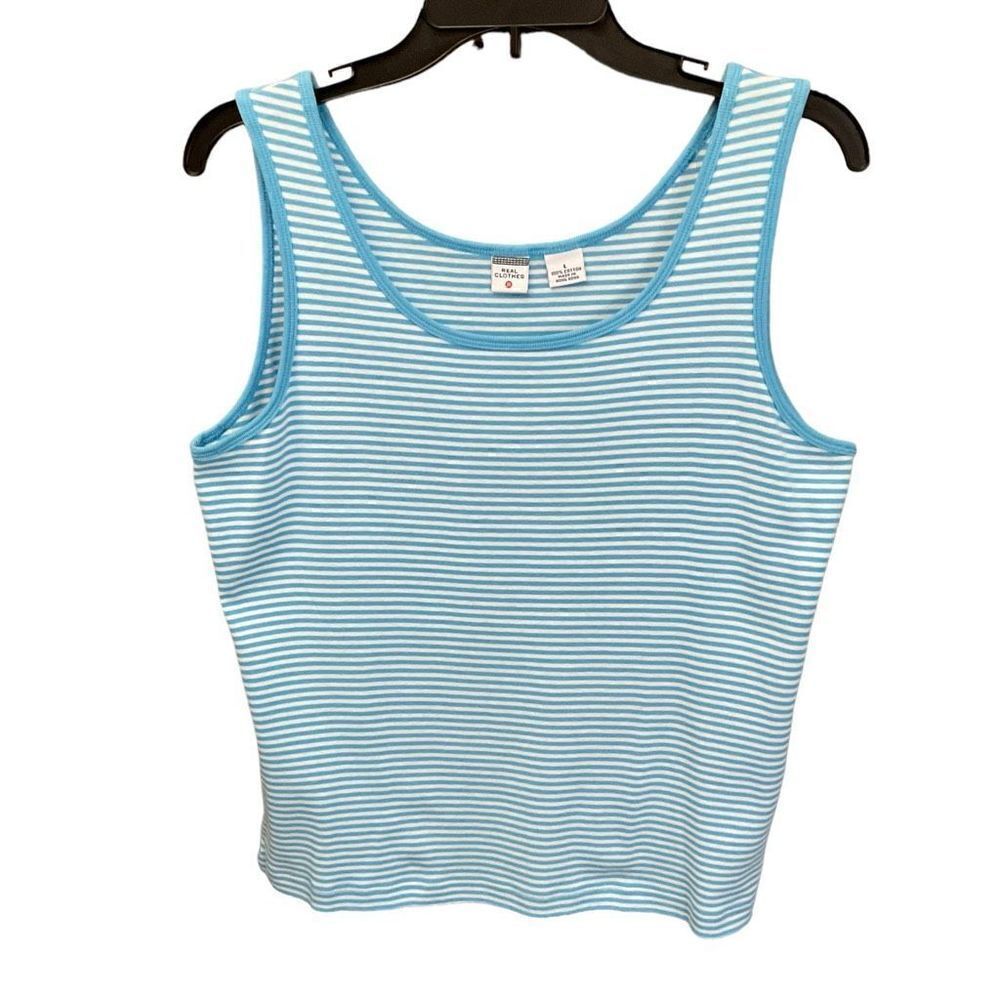 Real Clothes Tank Top Knit Cotton Blue White Striped Sleeveless Women Large